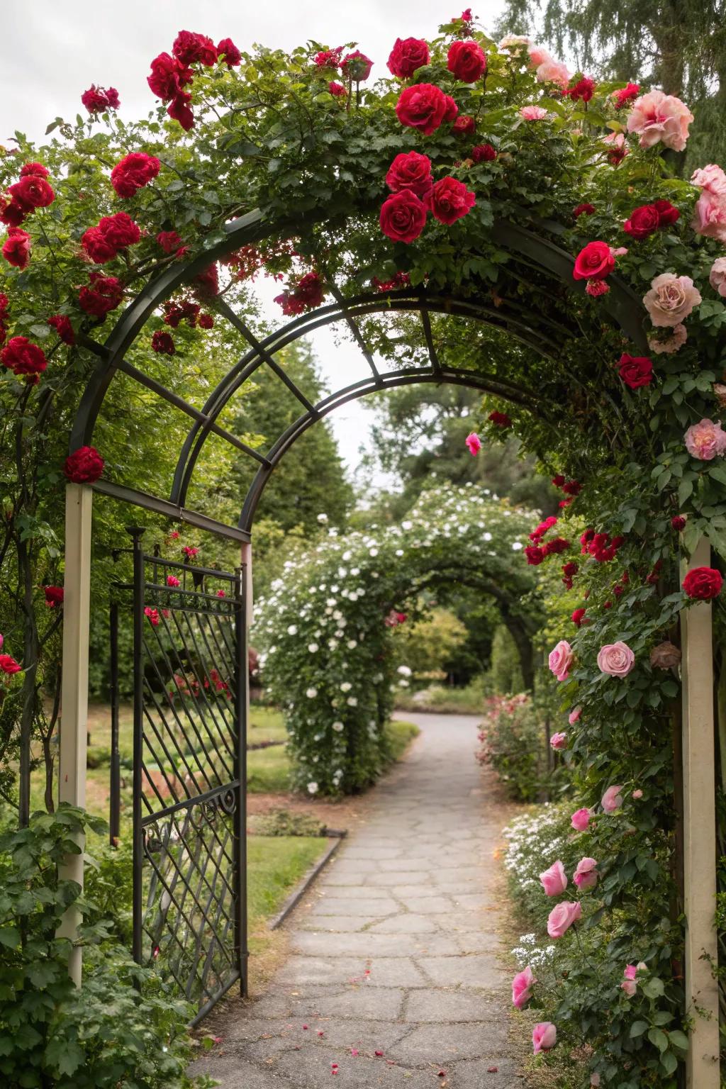 Create a romantic garden entrance with an arched trellis.