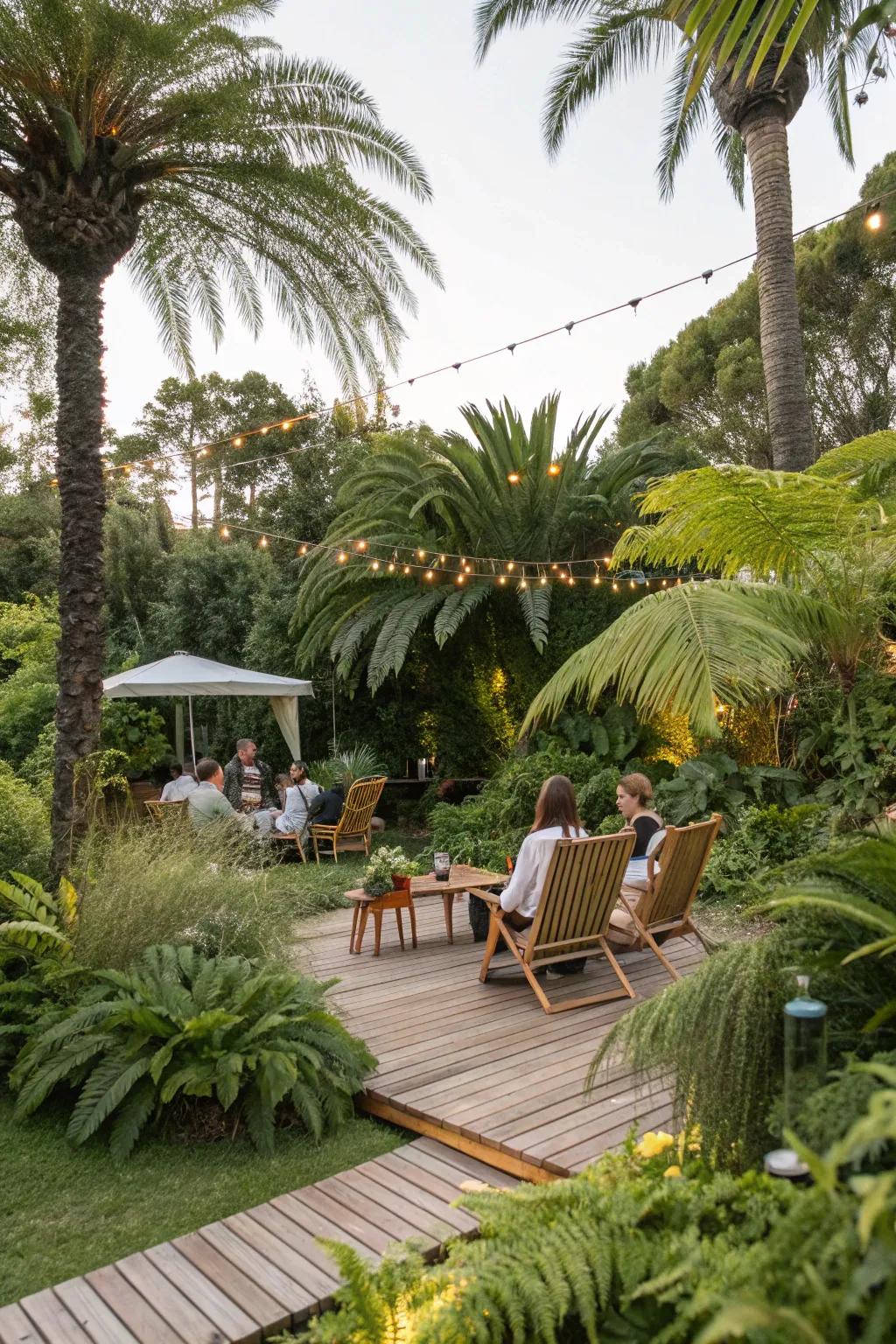 A lush tropical garden setup perfect for a party.