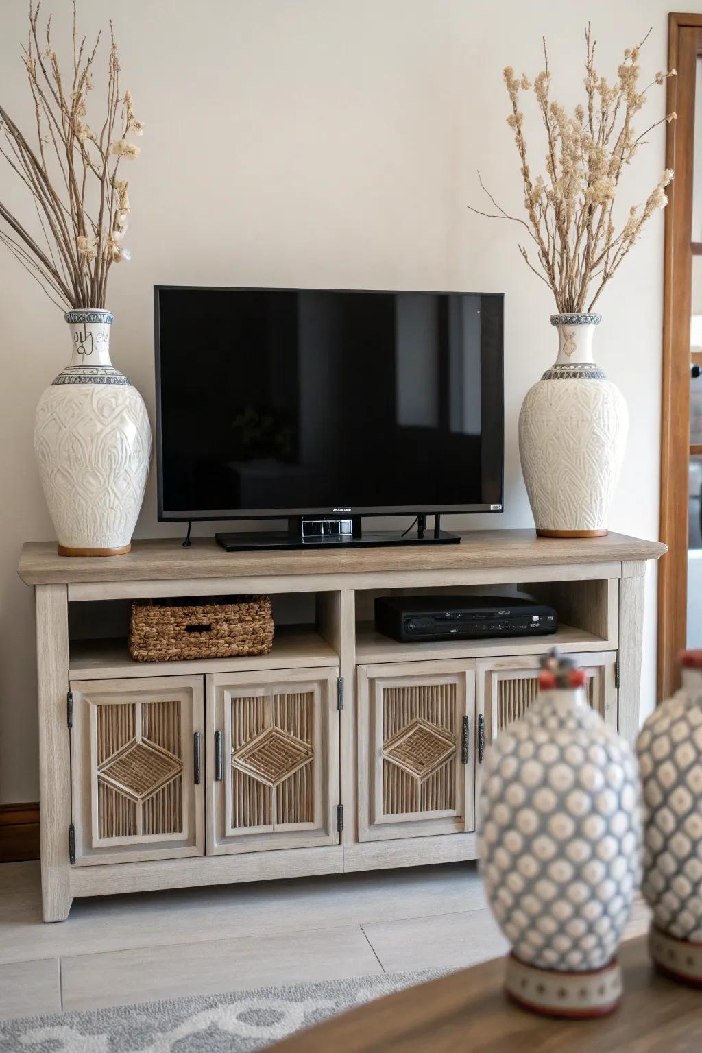 Symmetrical decor with matching vases on a TV console.