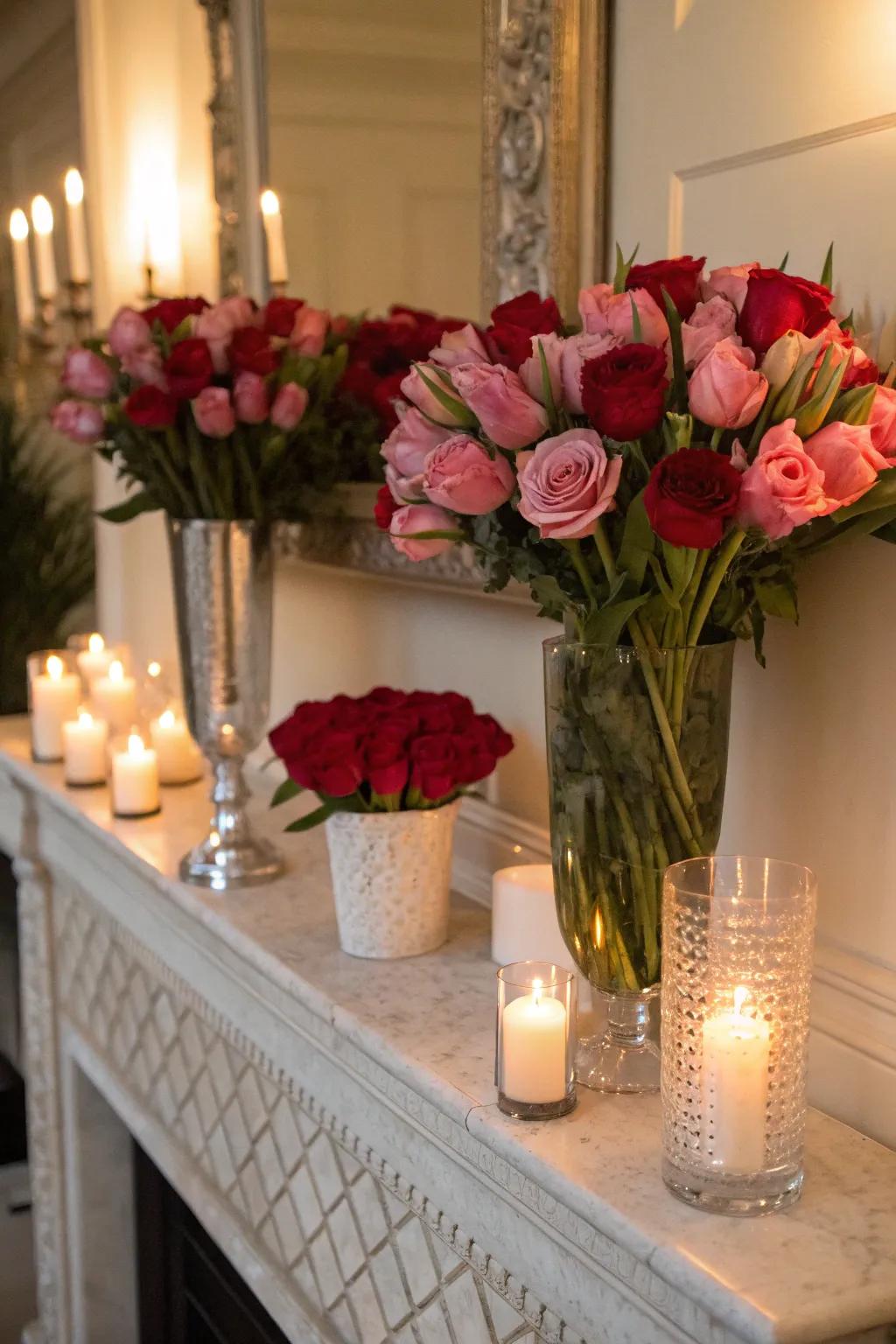 A romantic floral arrangement on the mantel with roses and tulips.