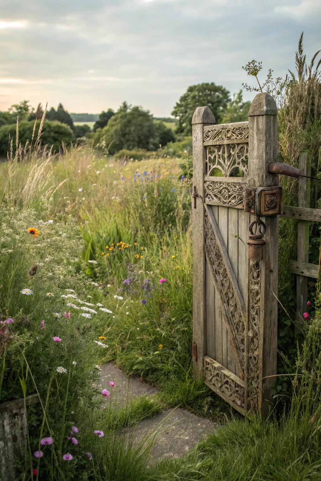 A rustic wooden gate that adds classic charm to any garden.