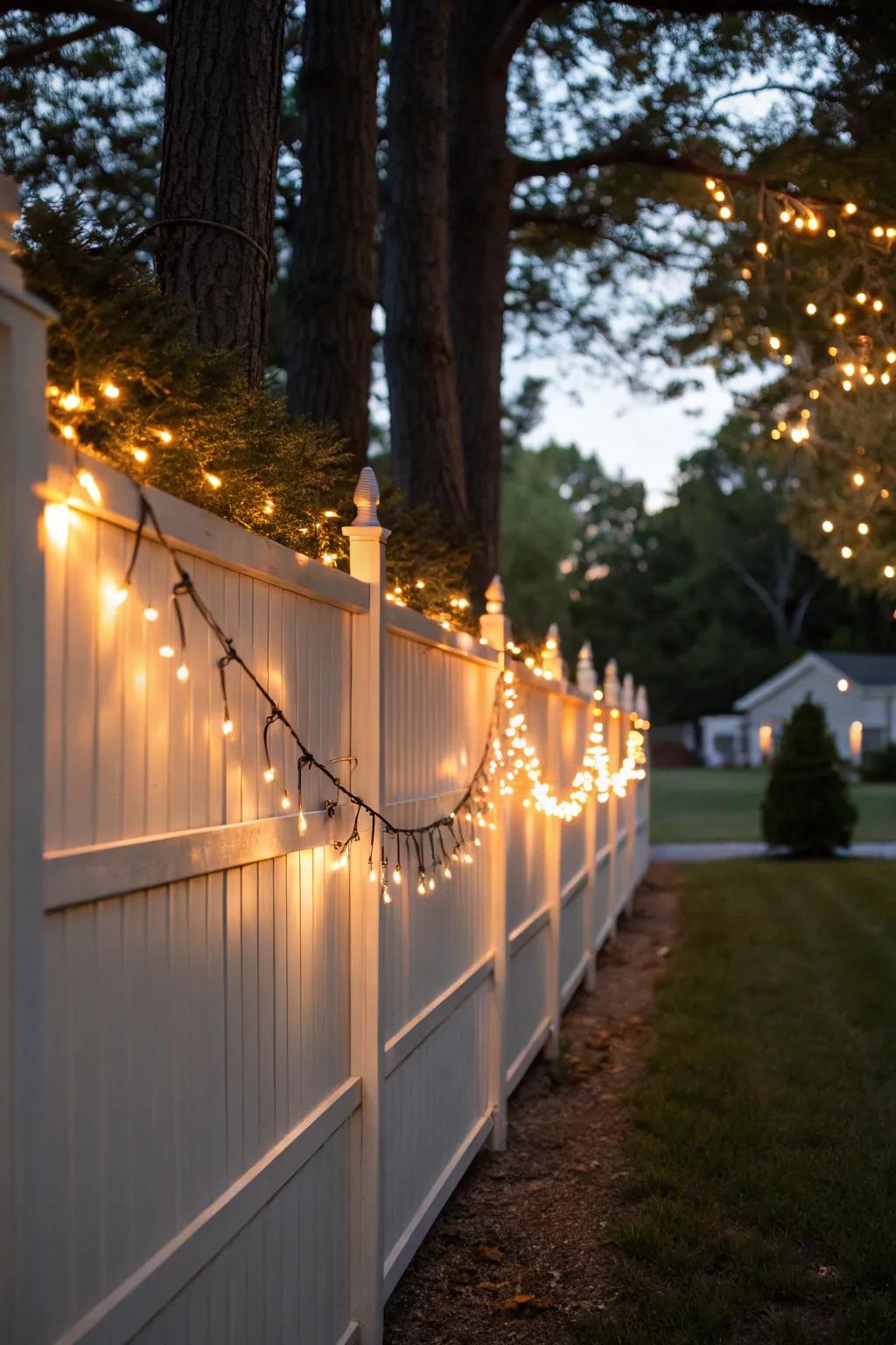 String lights add a whimsical touch to any vinyl fence.