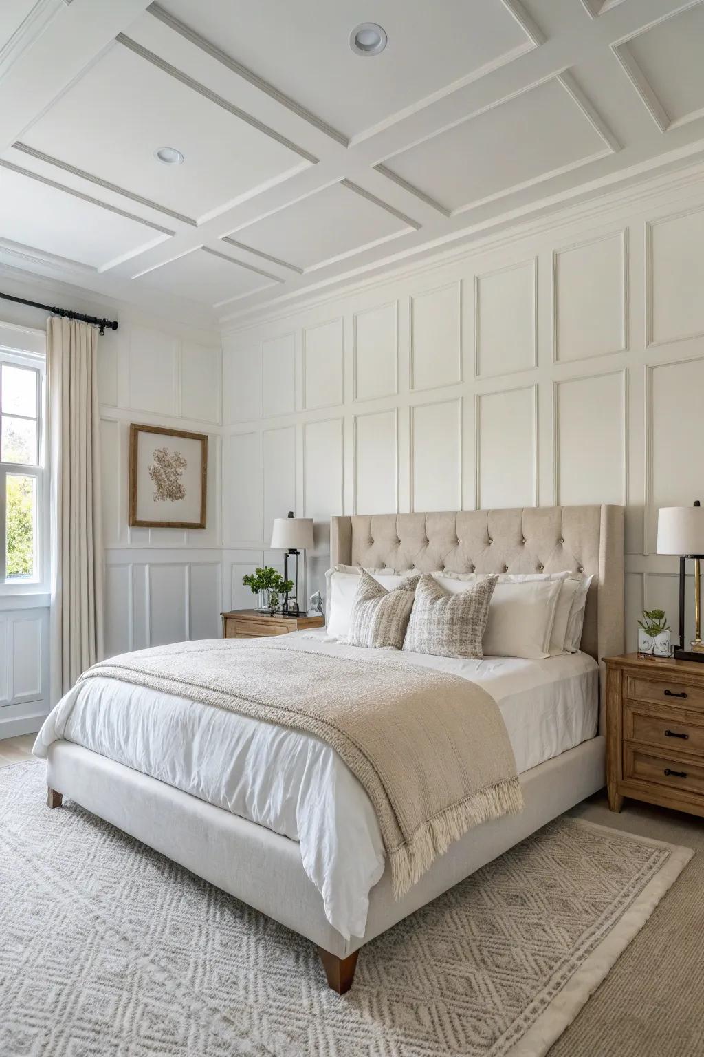 Classic white wainscoting offers a timeless touch to any master bedroom.