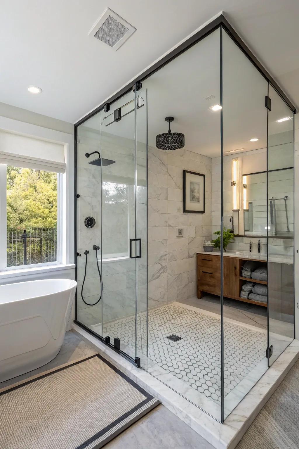 Open and airy walk-in shower designs can make any bathroom feel larger.