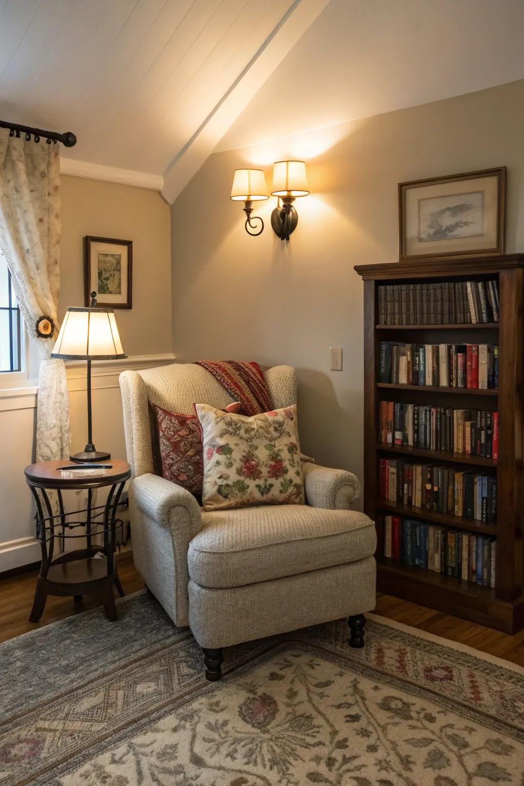 Create a cozy reading nook with warm wall lights.