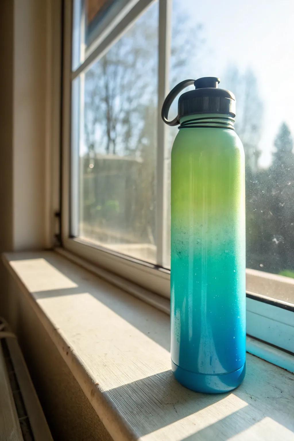 A water bottle featuring a vibrant ombre design in blue and green.