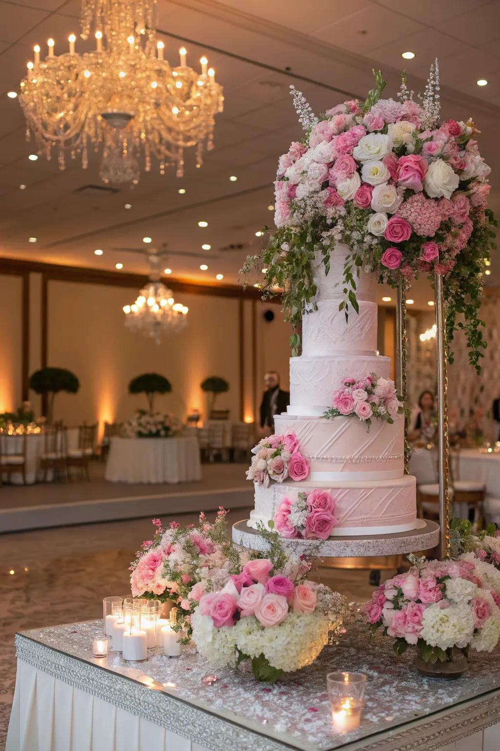 A wedding cake display enveloped by blooming floral arrangements.