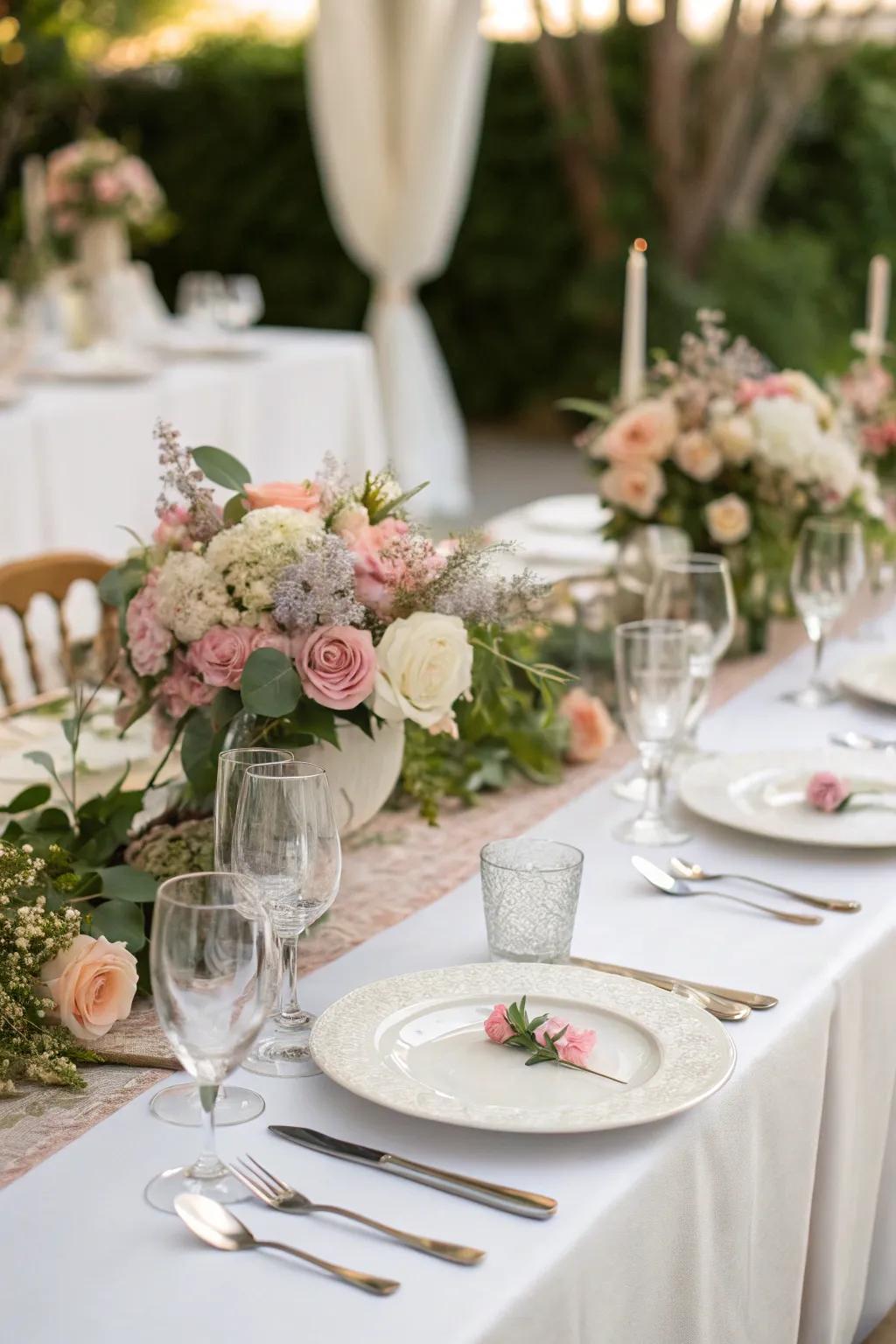 A wedding table elegantly adorned with vibrant floral centerpieces and delicate tableware.