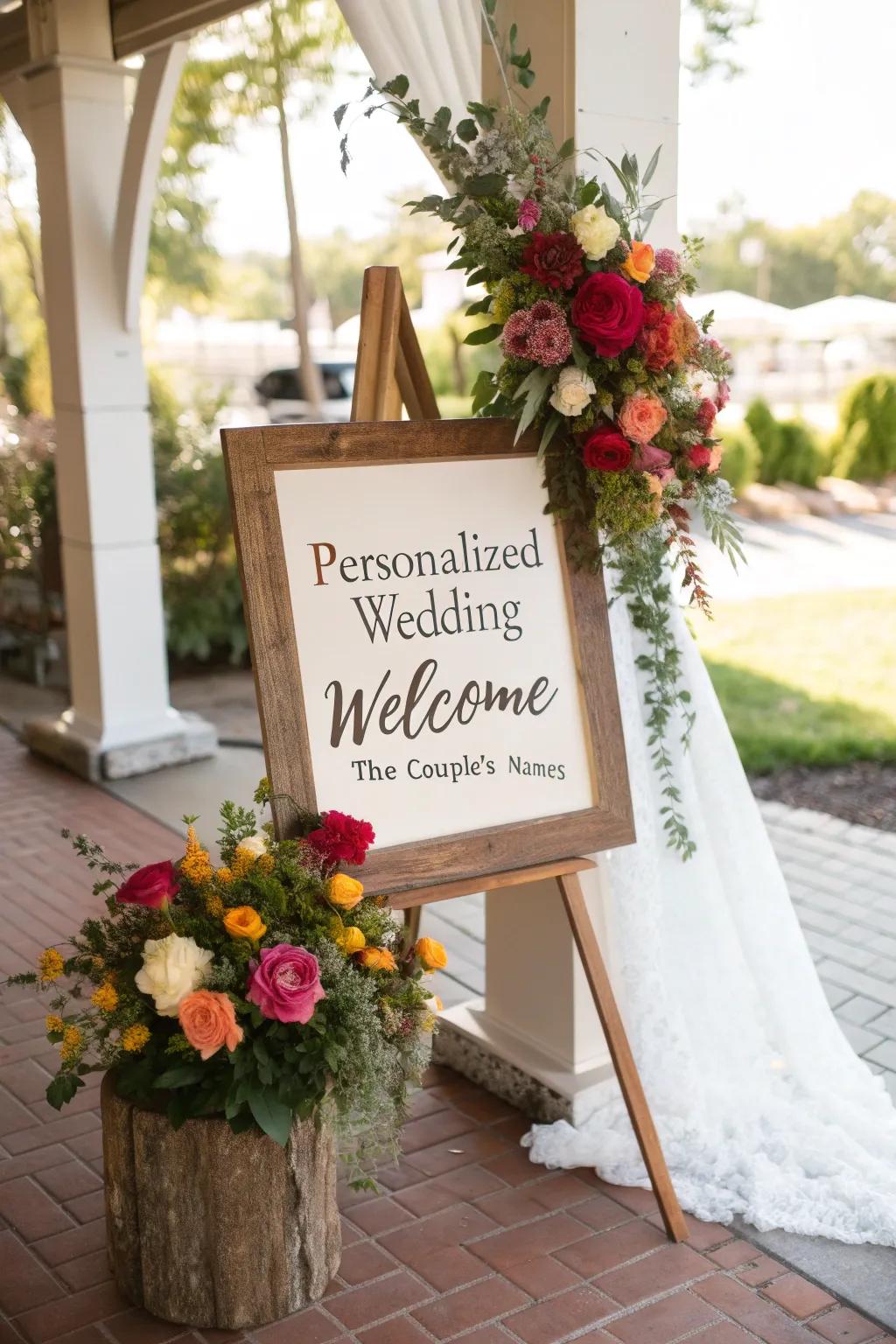 A personalized welcome sign with a romantic touch.