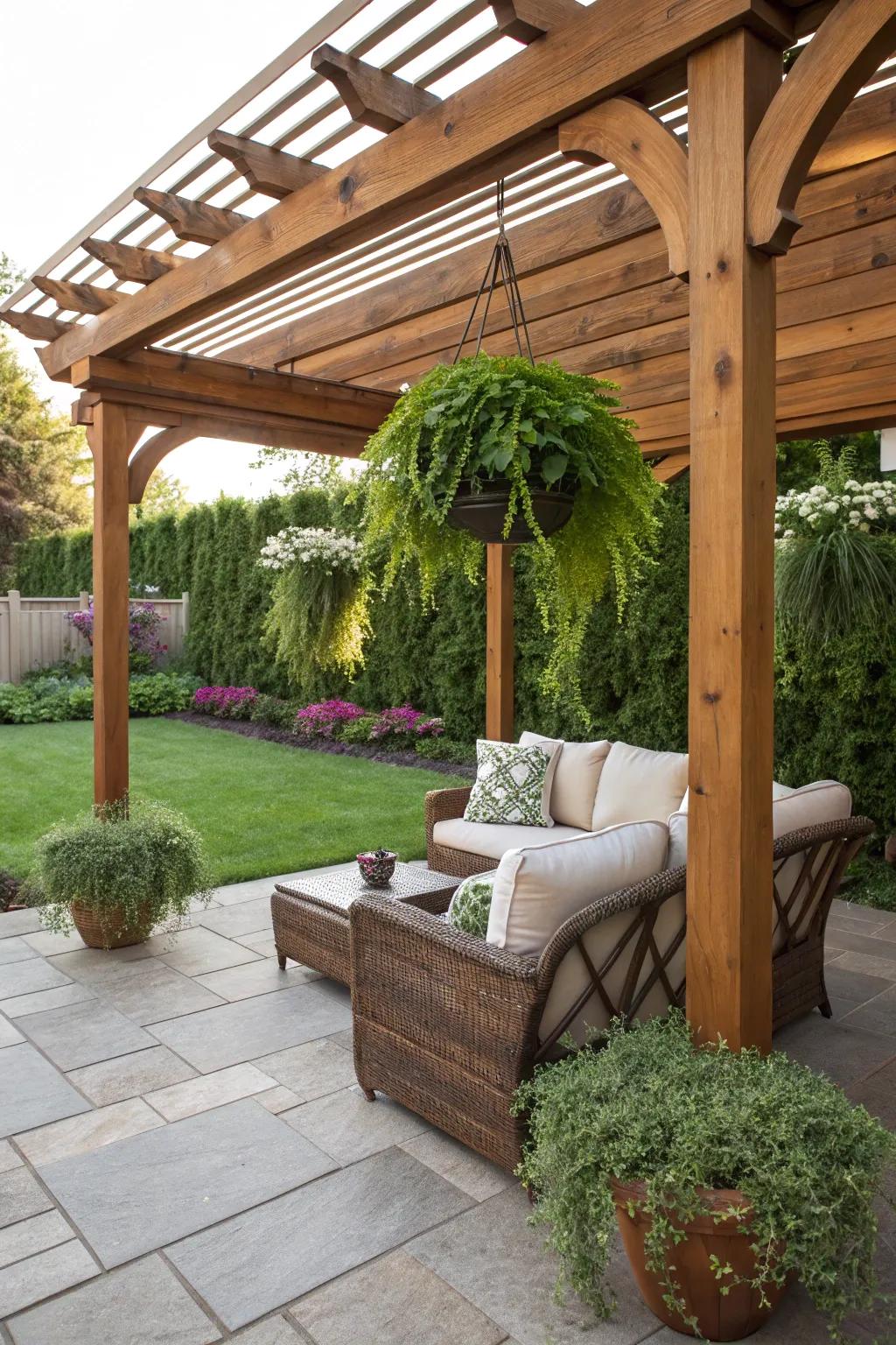 A timbered shade structure lends shade and allure to a western-inspired patio.
