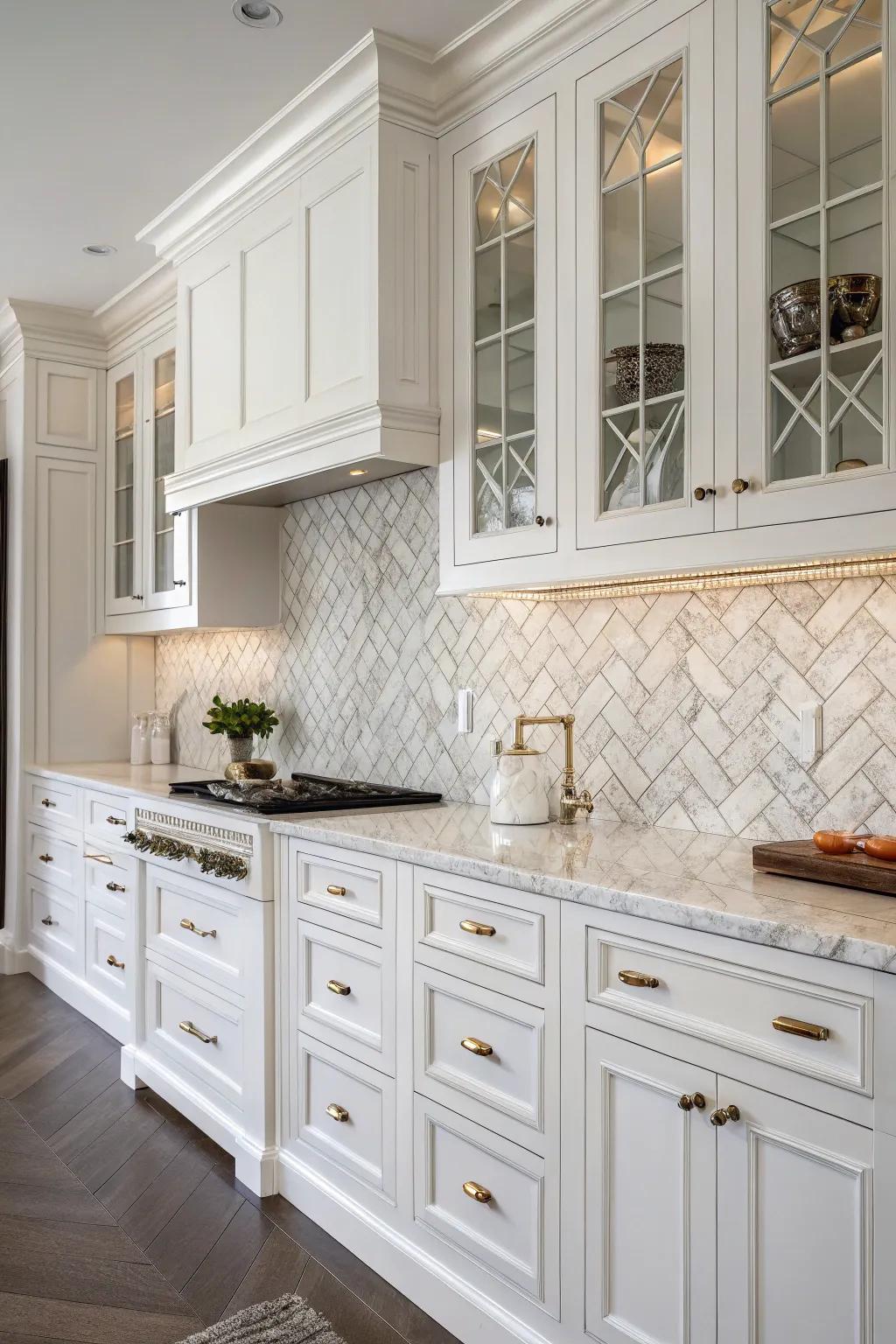 Herringbone marble backsplash adding sophistication to white cabinets.