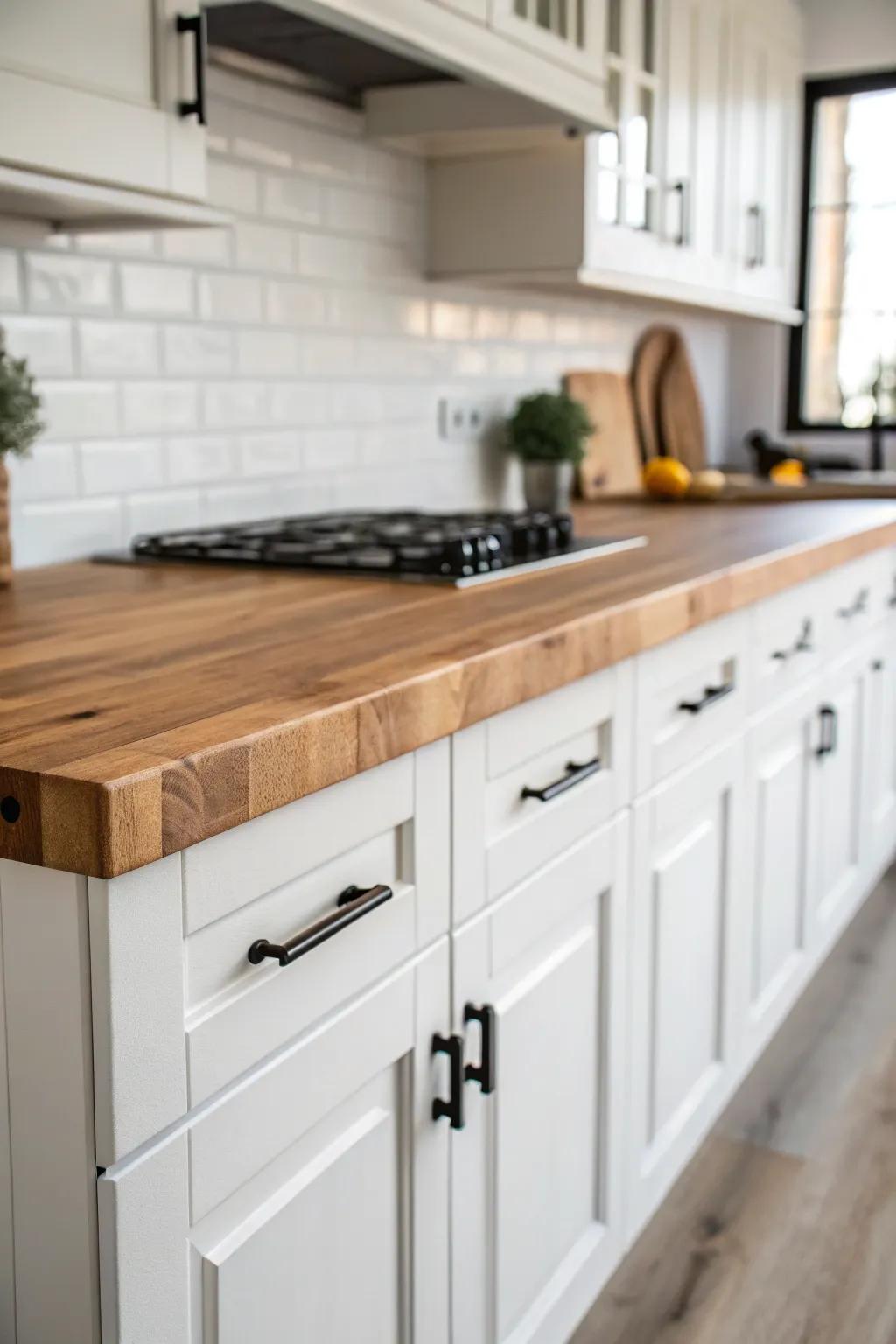 Striking contrast between bright white cabinets and a warm butcher block countertop.