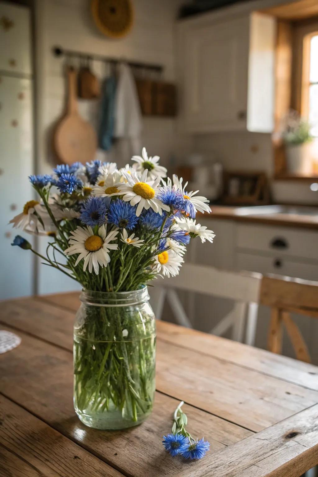A basic glass jar is converted into a captivating centerpiece with wildflowers.