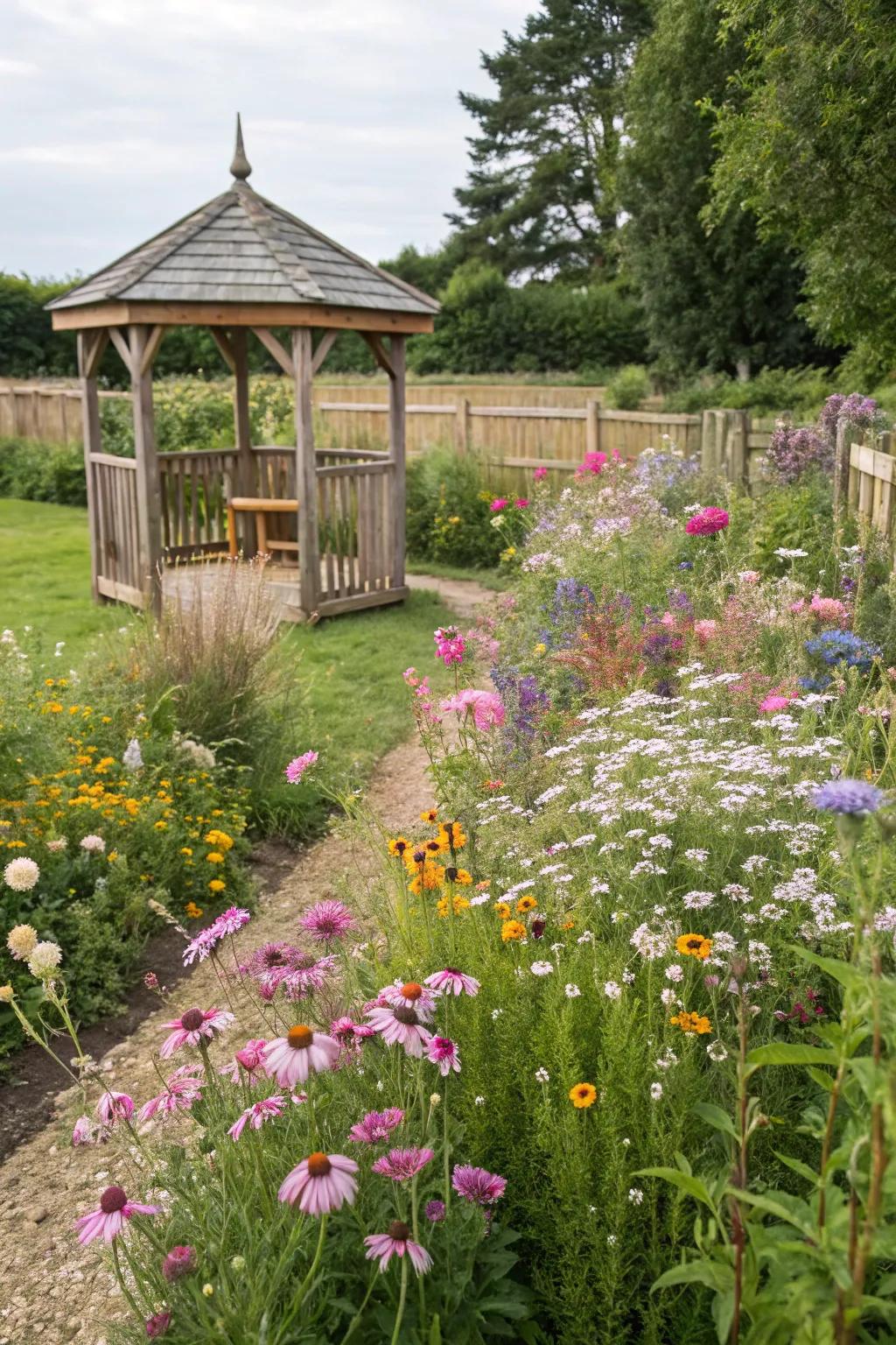 A cottage-style garden adorned with a variety of wildflowers.