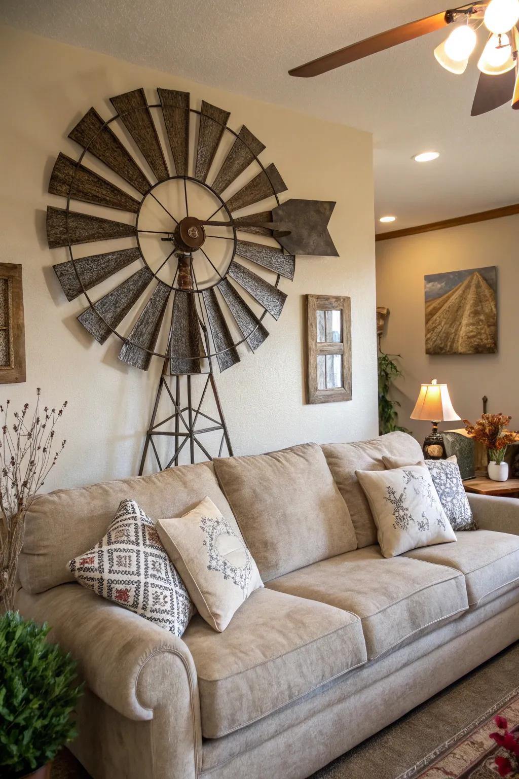 A bold windmill piece above the sofa creates a welcoming focal point.