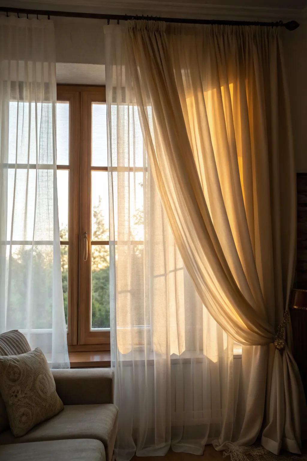 Layered drapes enhance depth and manipulate light within this inviting living space.