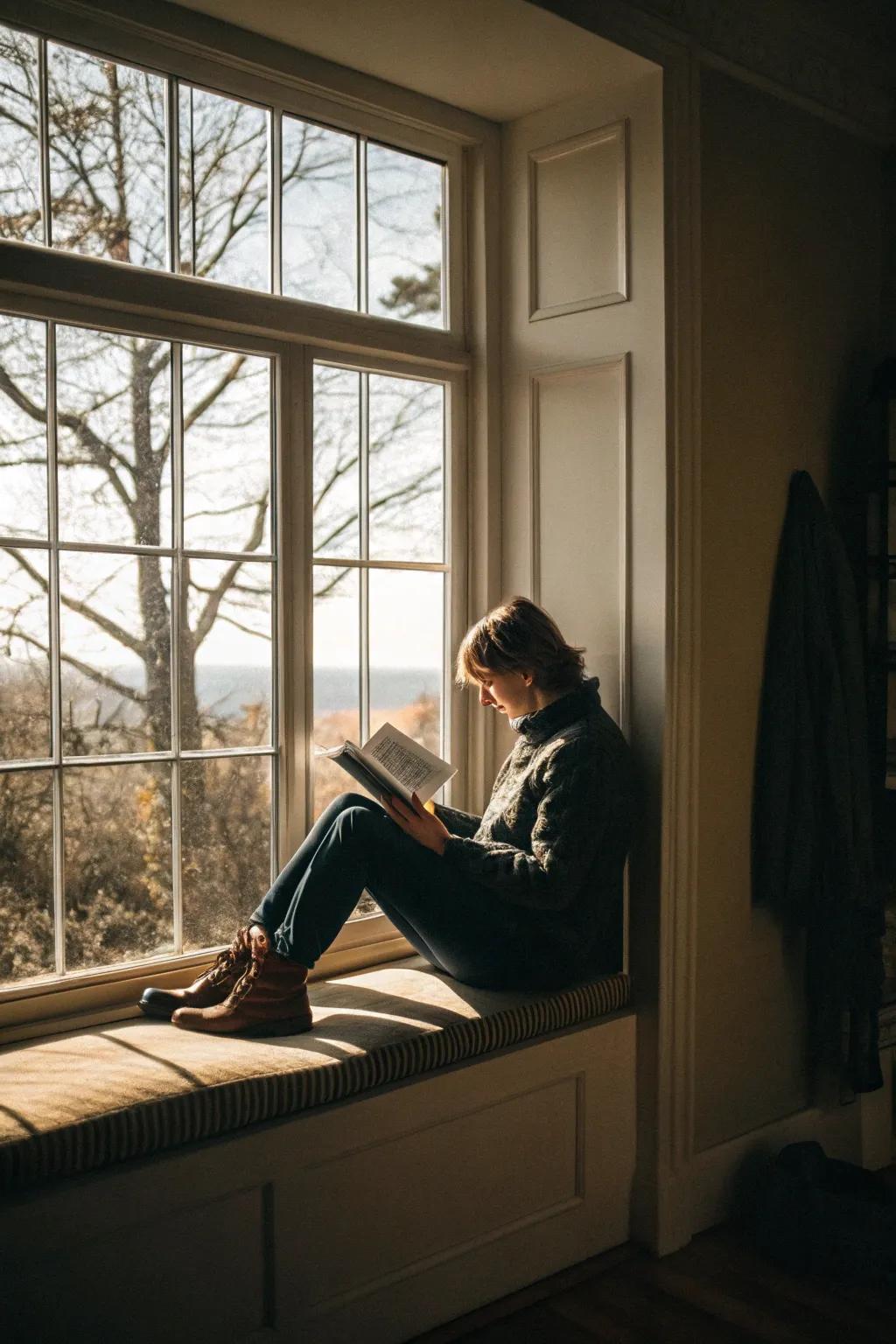 A window seat illuminated by natural sunlight, perfect for reading.