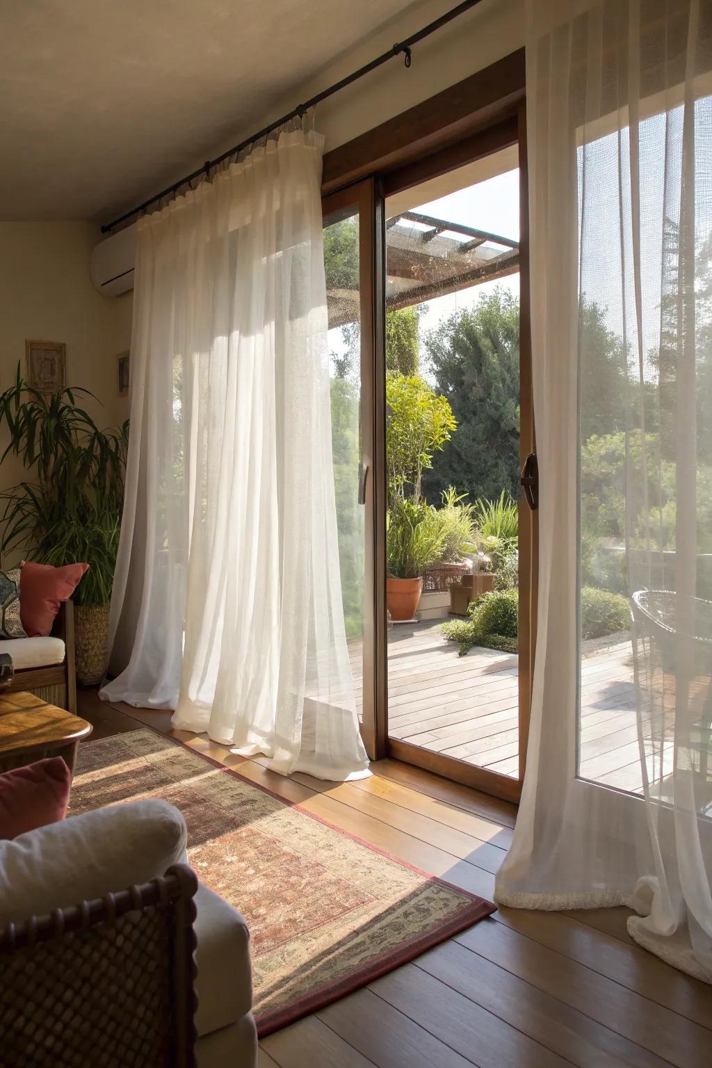 Sheer curtains creating an airy and bright atmosphere in the living area