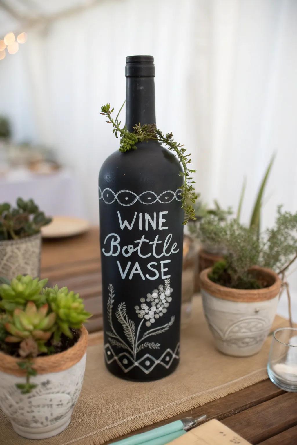 A blackboard-coated grape juice bottle makes for a adaptable, message-ready vase.