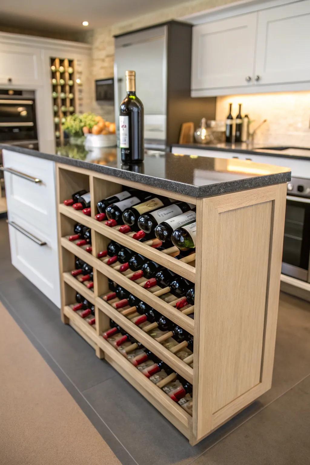 Integrated wine racks in a kitchen island enhance both form and function.