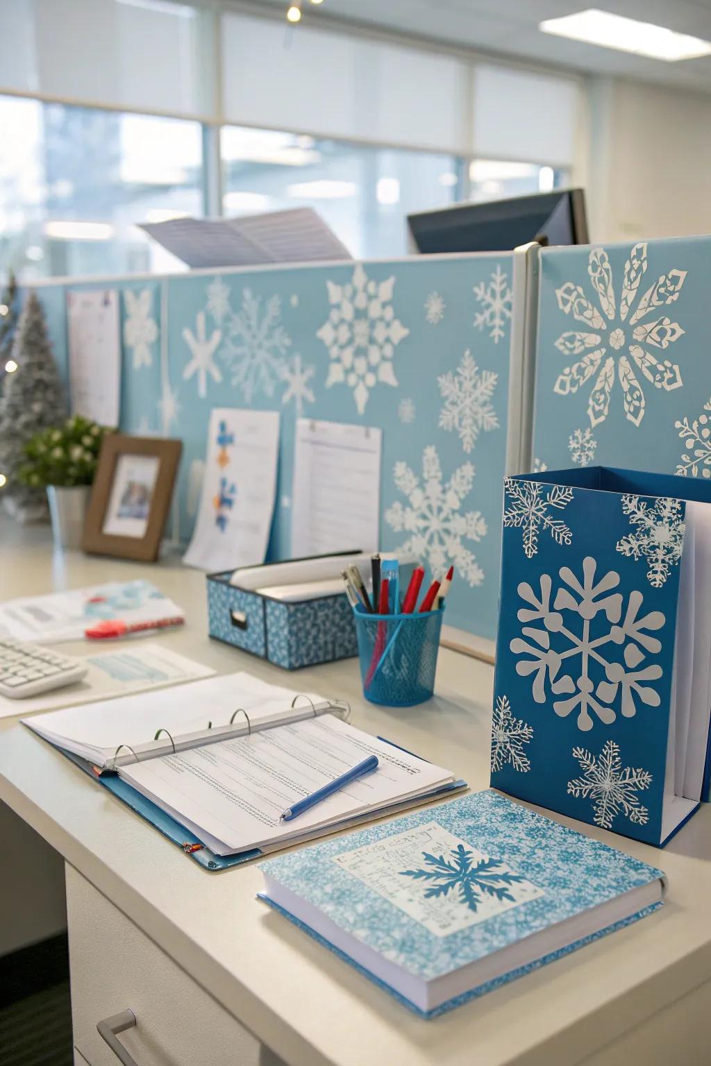 A Winter Wonderland-themed desk setup brings the serenity of snow indoors.