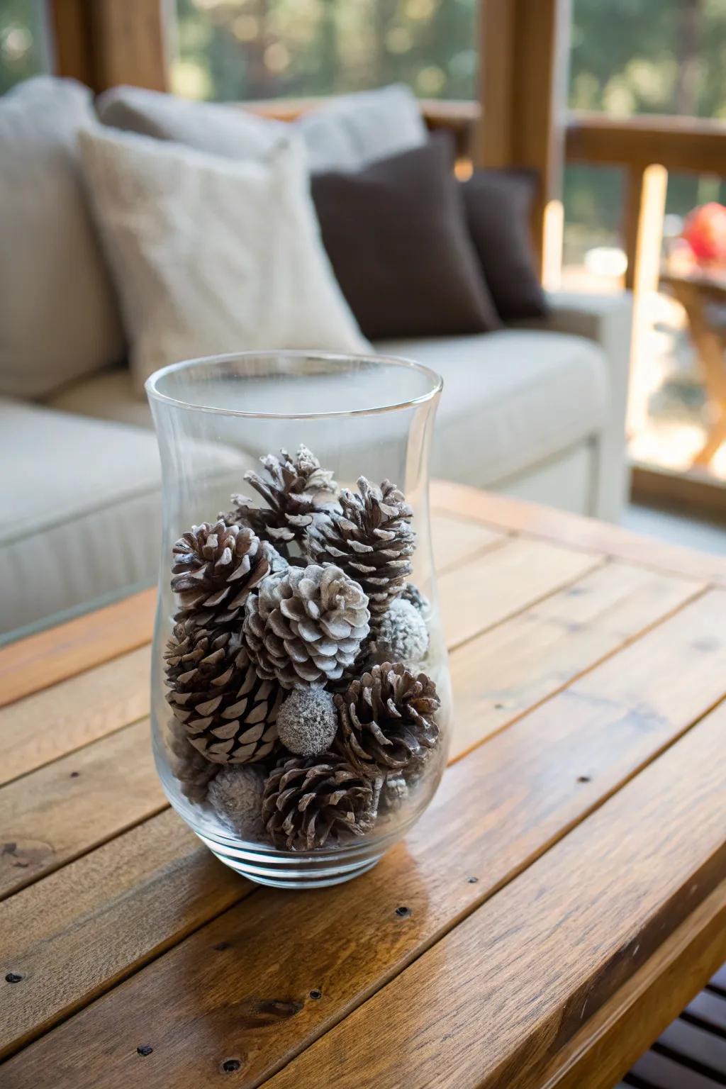 Frosted woodland cones bring a touch of winter elegance to any room.