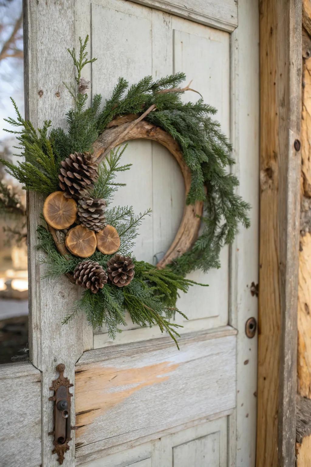 Classic evergreen and wood slice wreath for a timeless appeal.