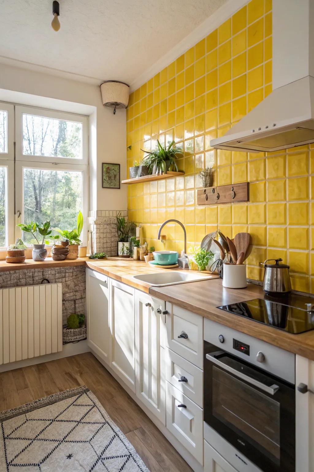 Bold yellow tiles create a cheerful atmosphere in this modern kitchen.