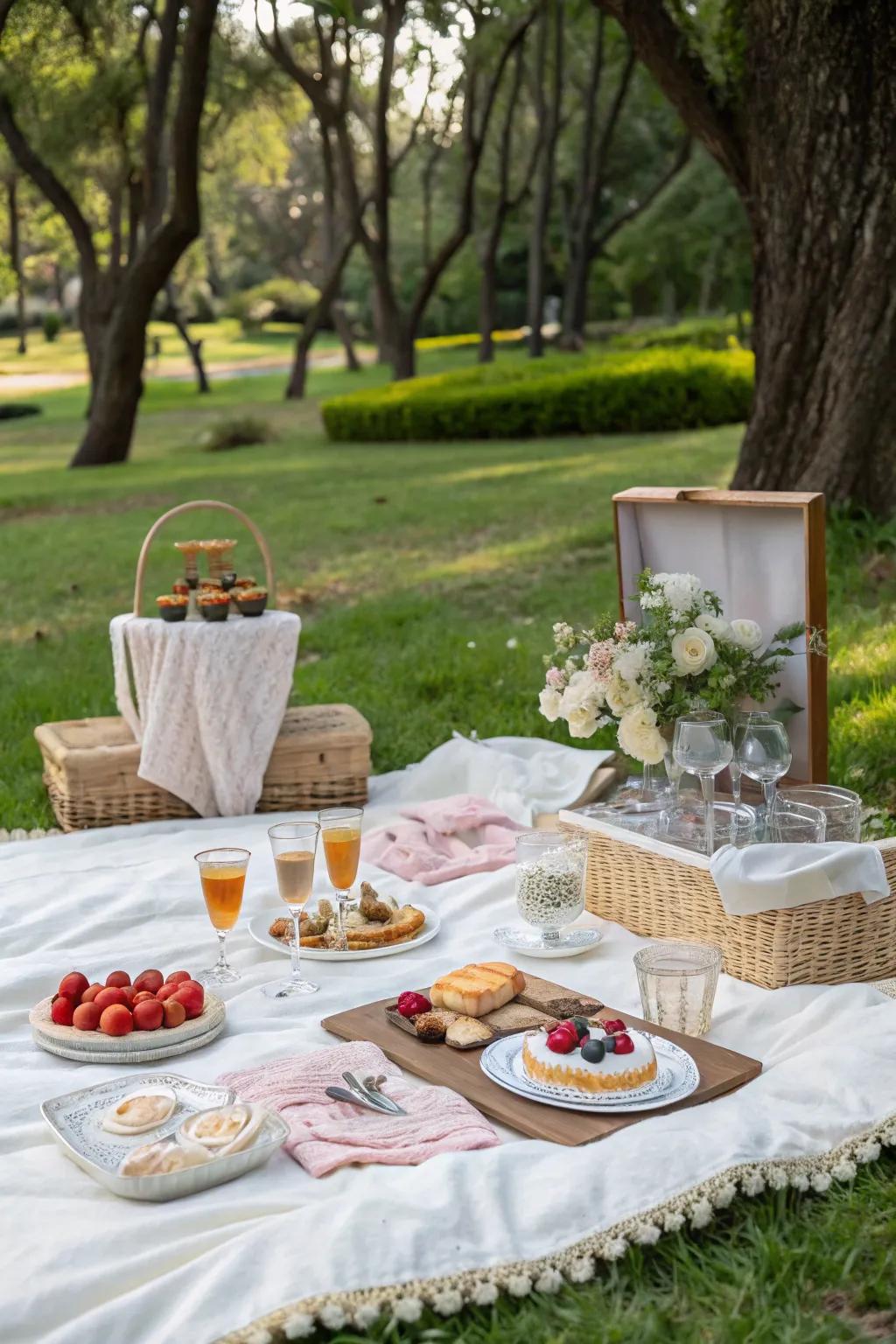 Relax and indulge in a gourmet picnic at a beautiful park.