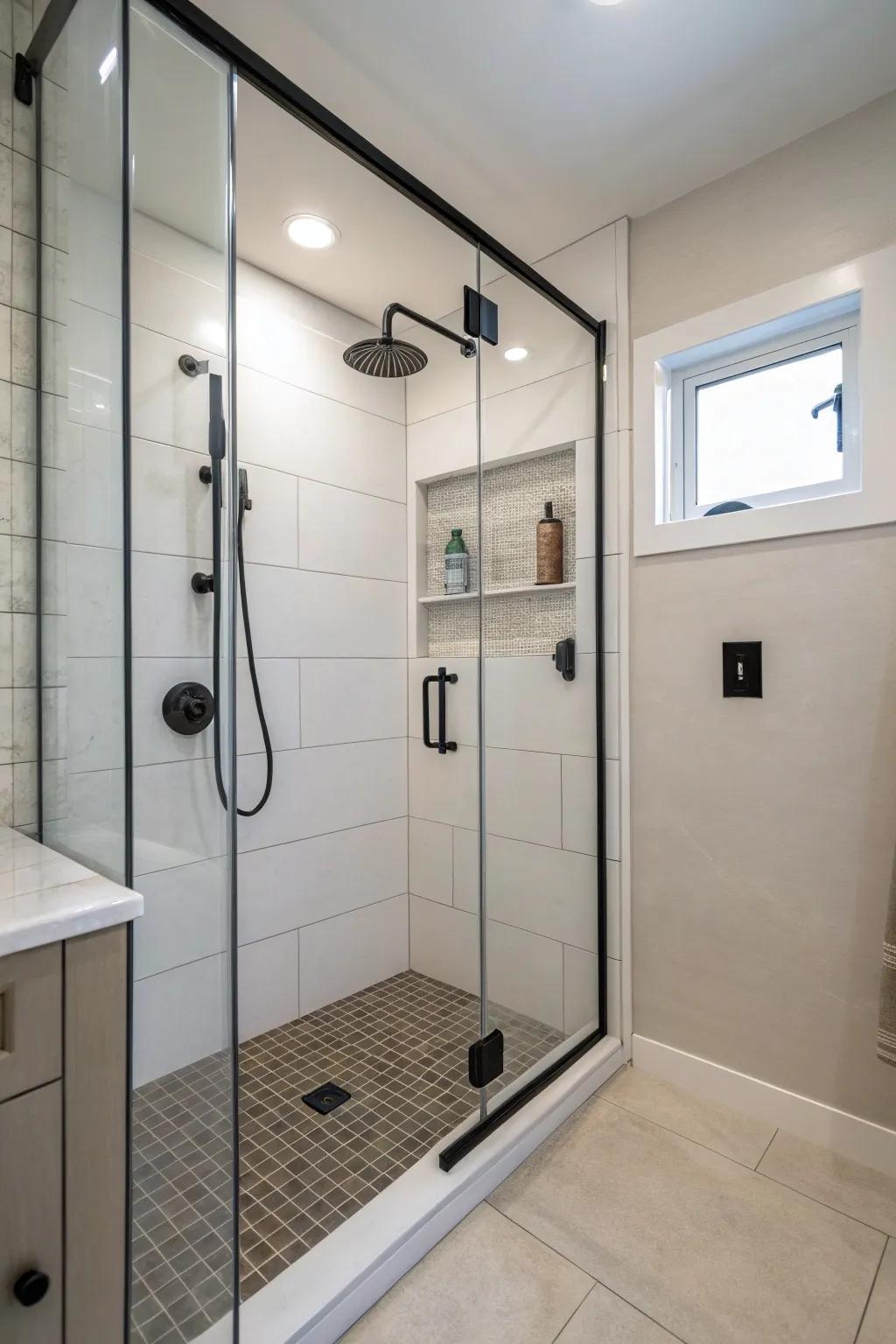 Modern fixtures add elegance and functionality to a small shower.