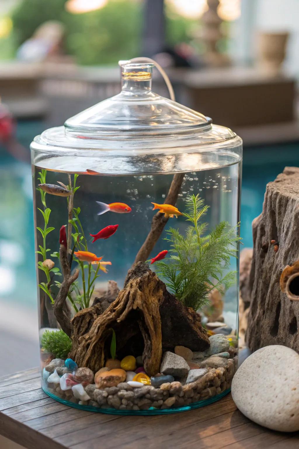 An artistic aquarium terrarium with vibrant underwater elements.