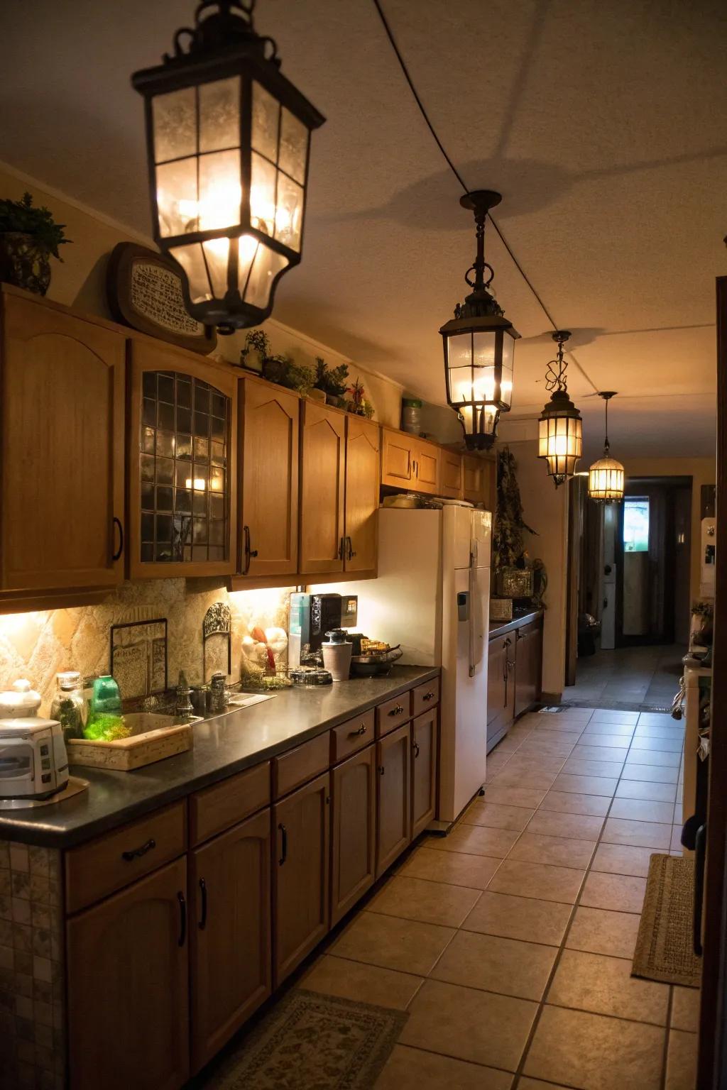 Lanterns provide a warm and inviting glow above the fridge.