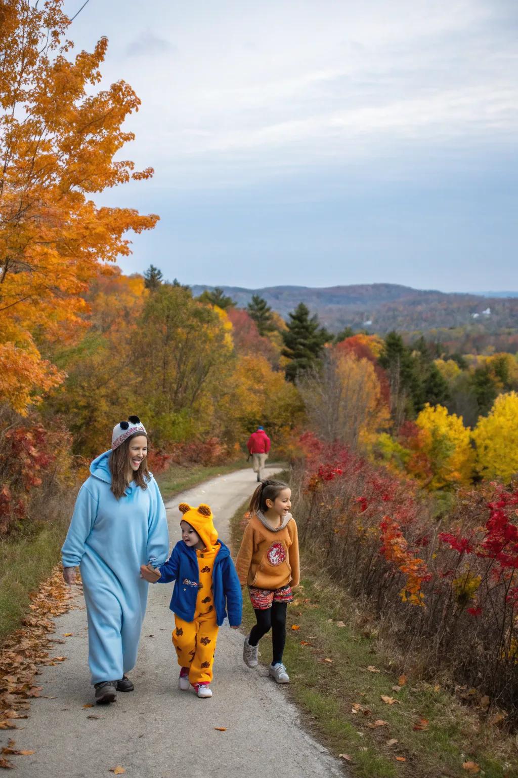 A family enjoying a Halloween-themed nature walk.