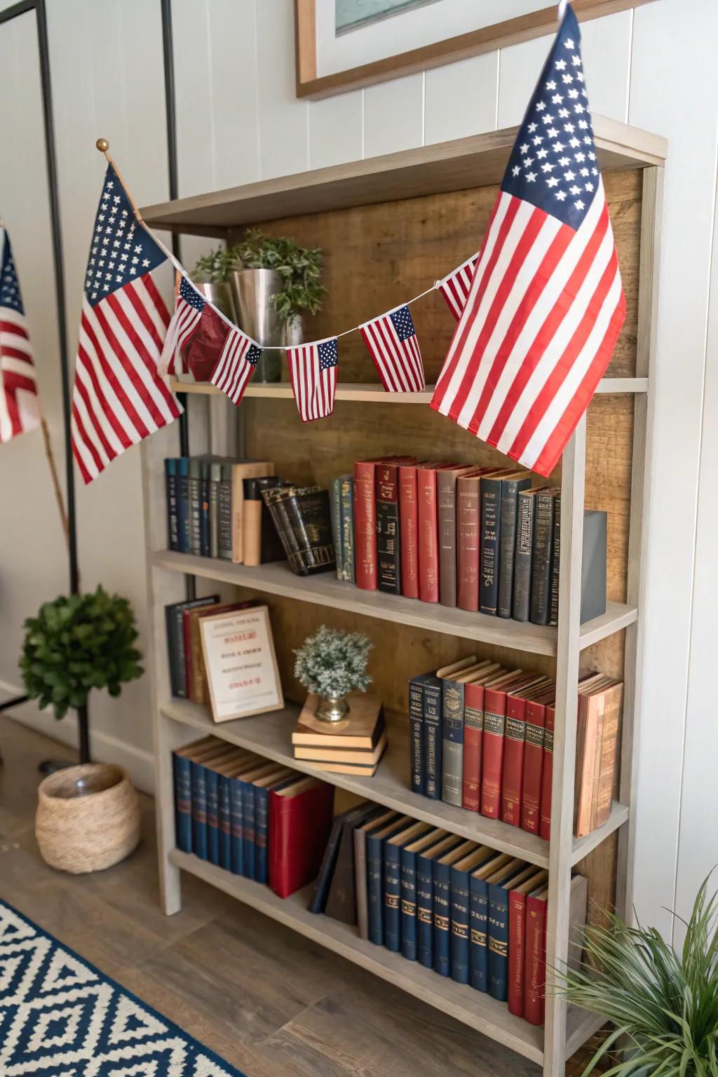 Bookshelves styled with flags and books add a personal touch.