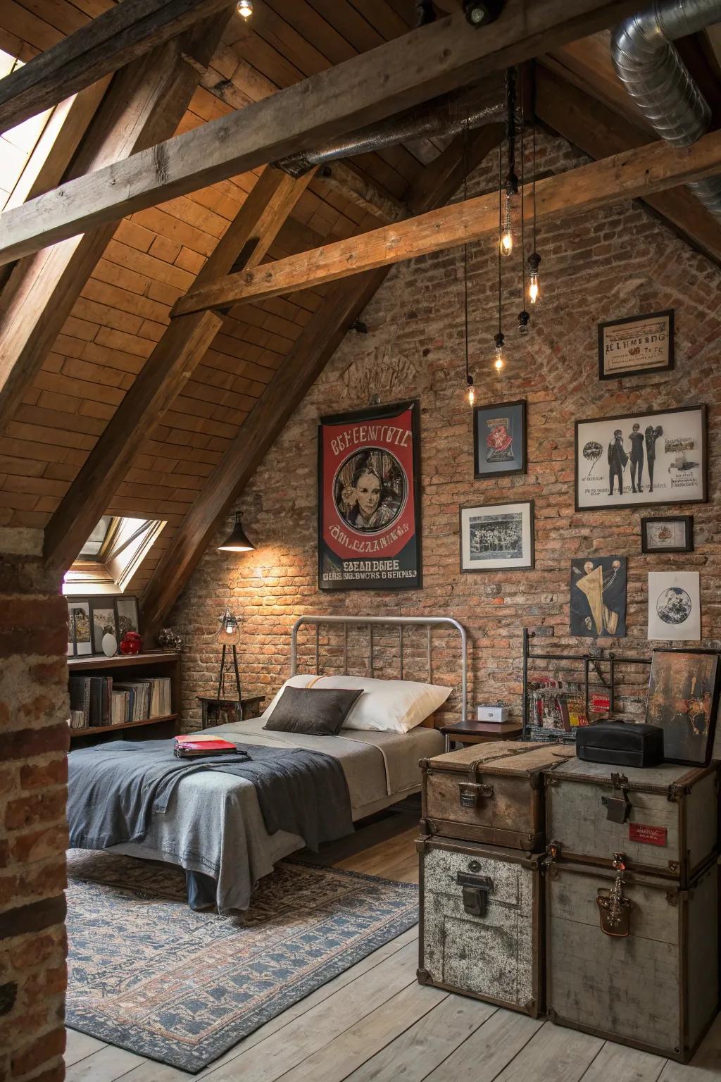 Exposed brick walls bring texture and industrial flair to your attic area.
