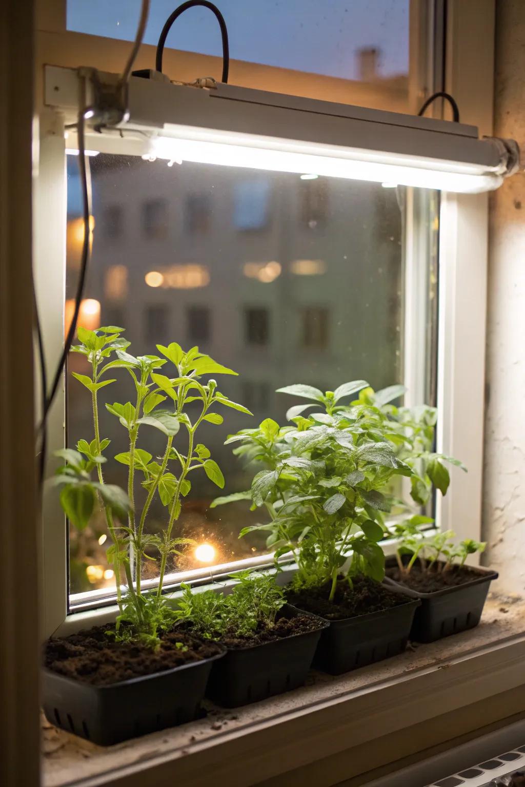 Window frame grow lights enhancing natural sunlight for indoor plants.