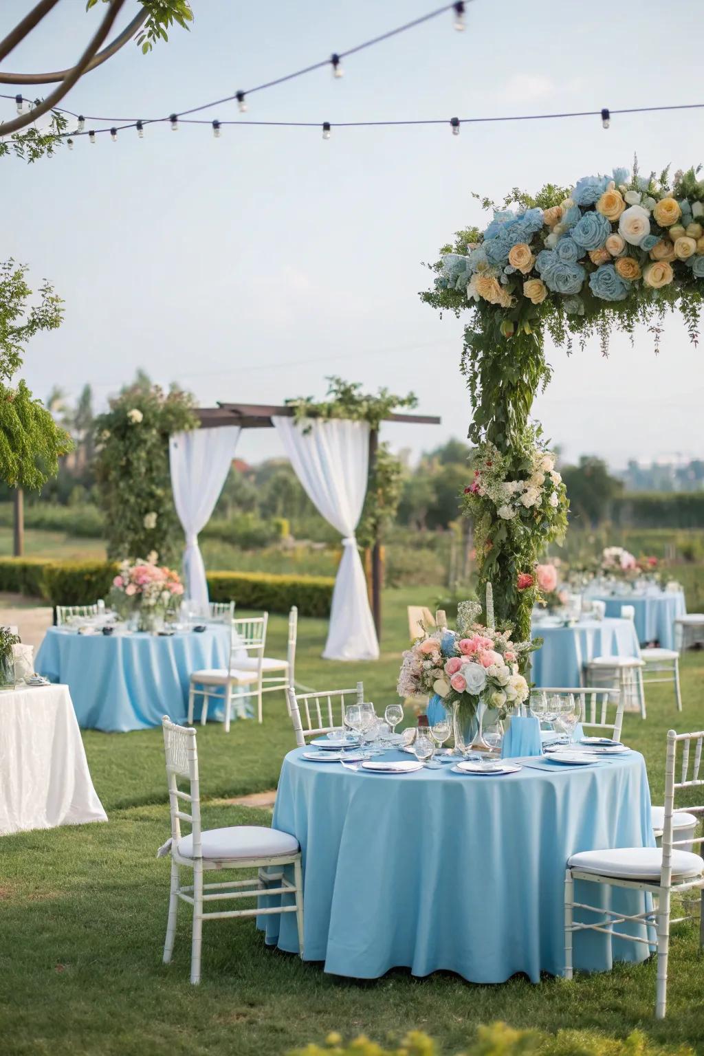 Outdoor settings with blue decor embrace nature's beauty.