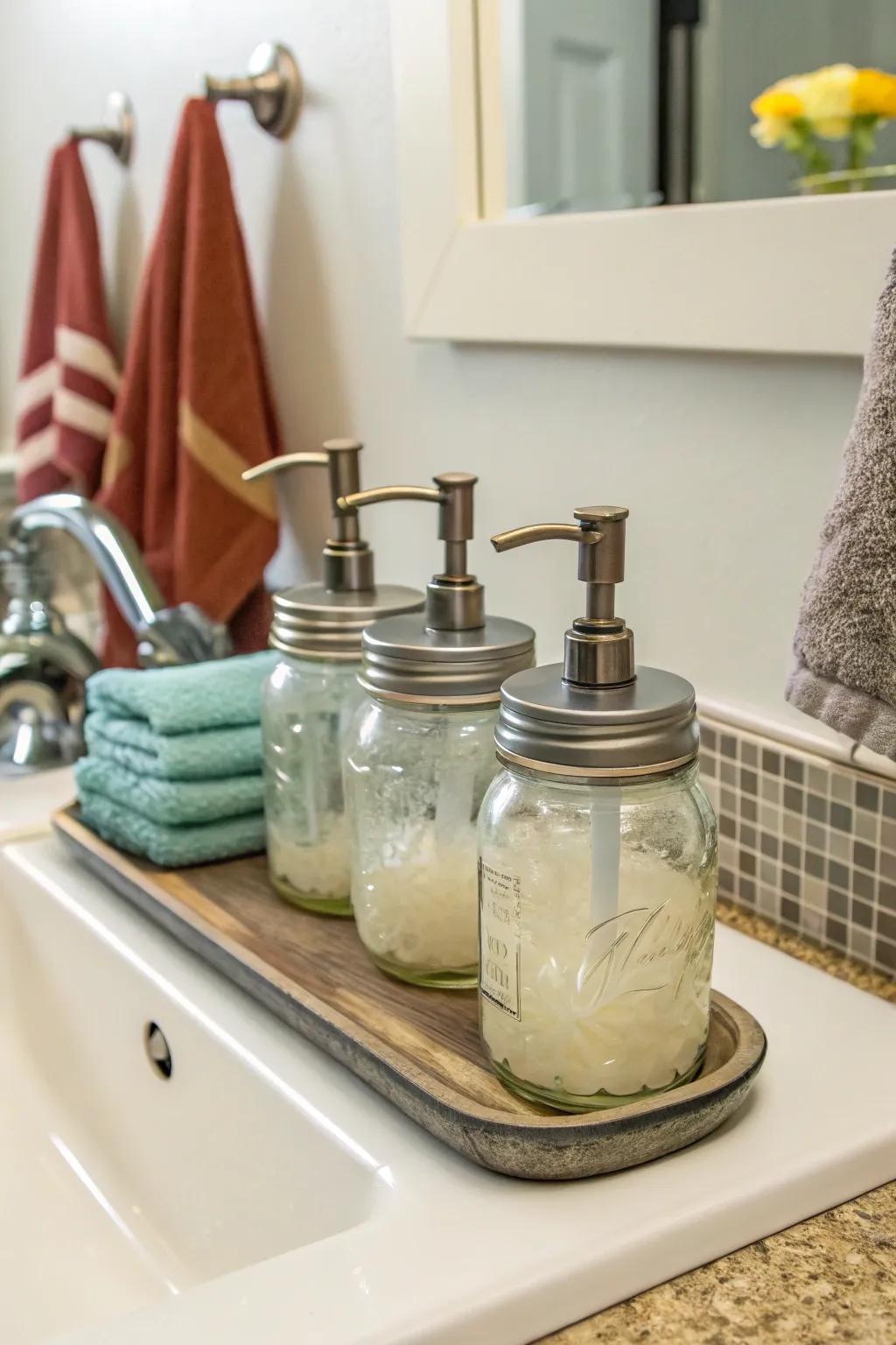 Homemade soap dispensers crafted from preserving jars offer a stylish touch.