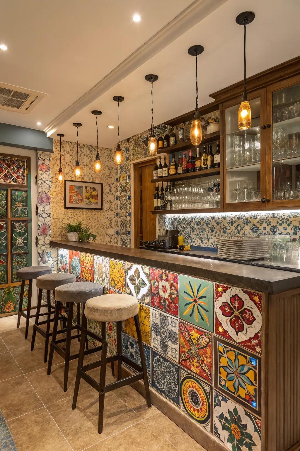 Eclectic mosaic tiles add a personalized and vibrant touch.