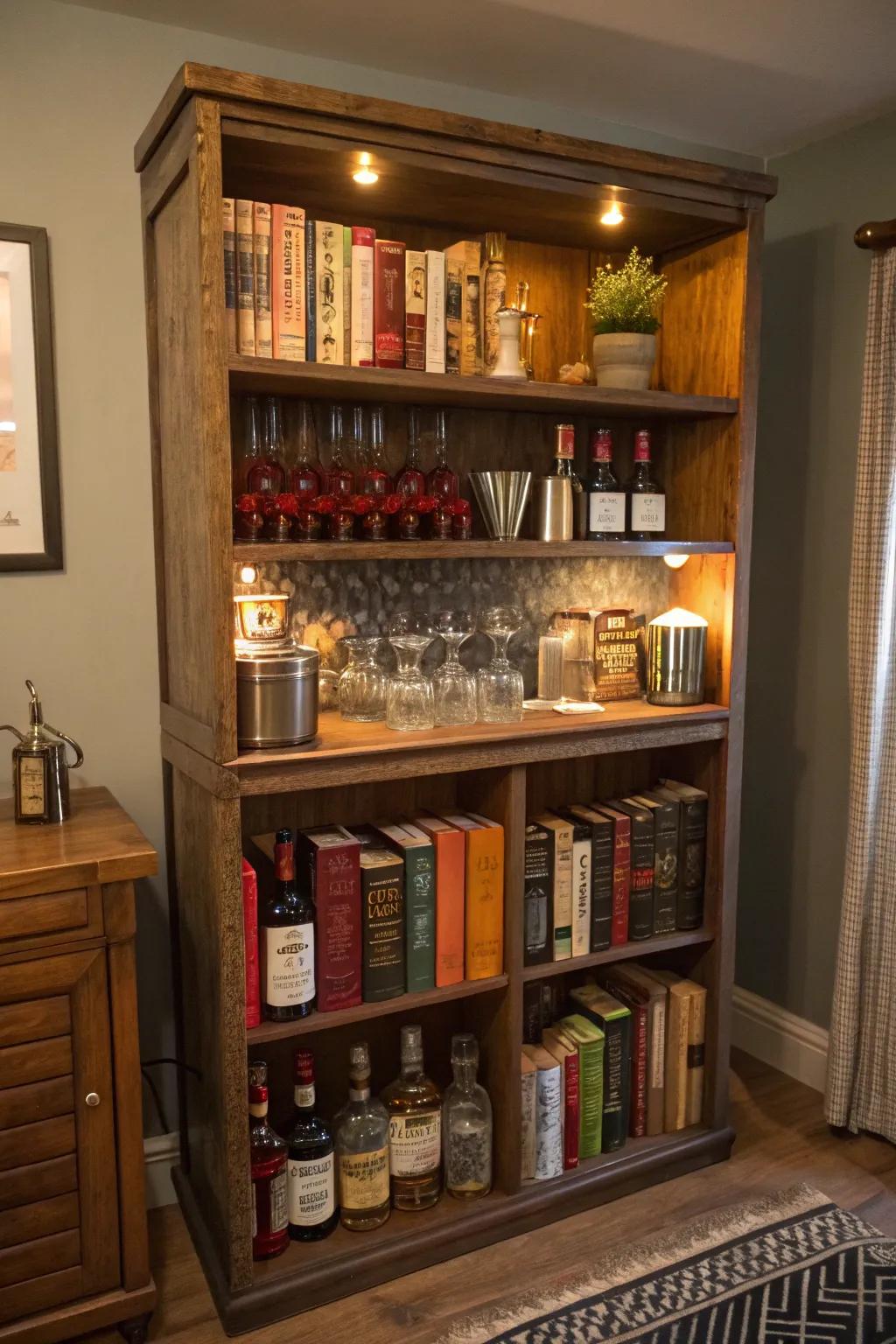 Repurpose bookcases into unique bar shelves.