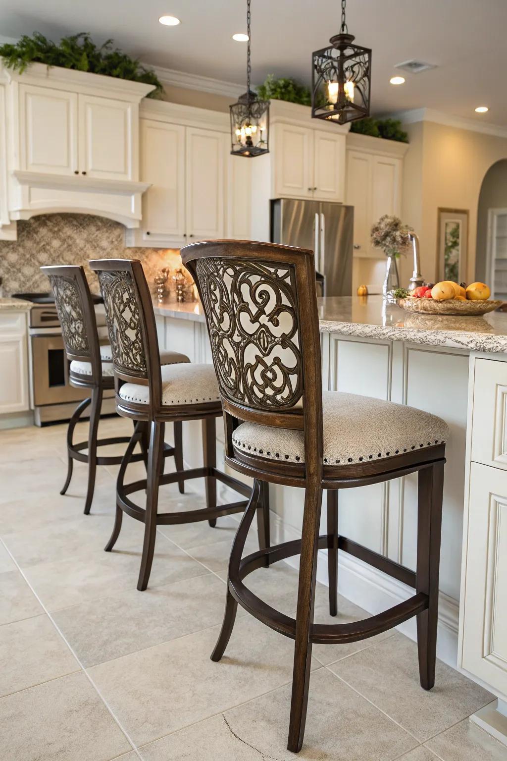 Artistic bar stools with backs for an elegant touch.