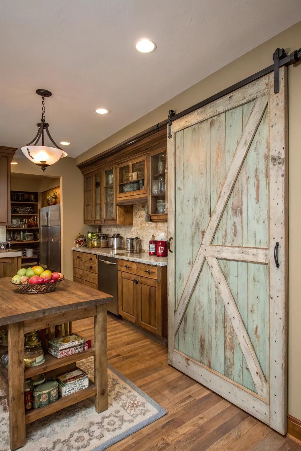 A kitchen with a sliding barn door pantry featuring distressed paint.