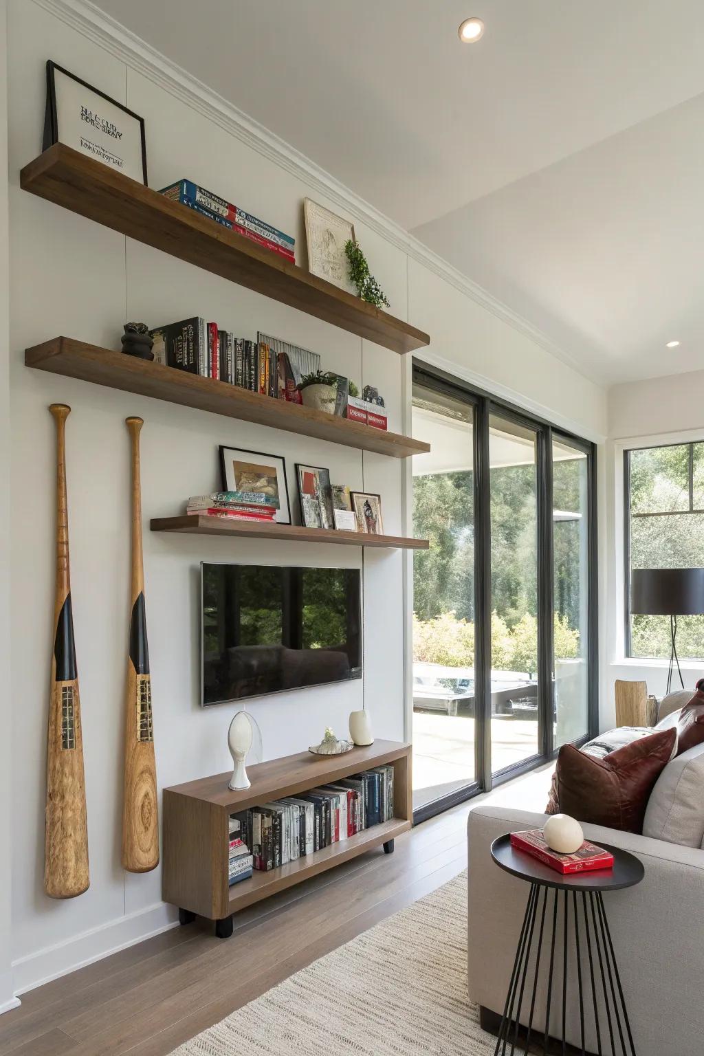 Minimalist floating shelves with a sporty twist.