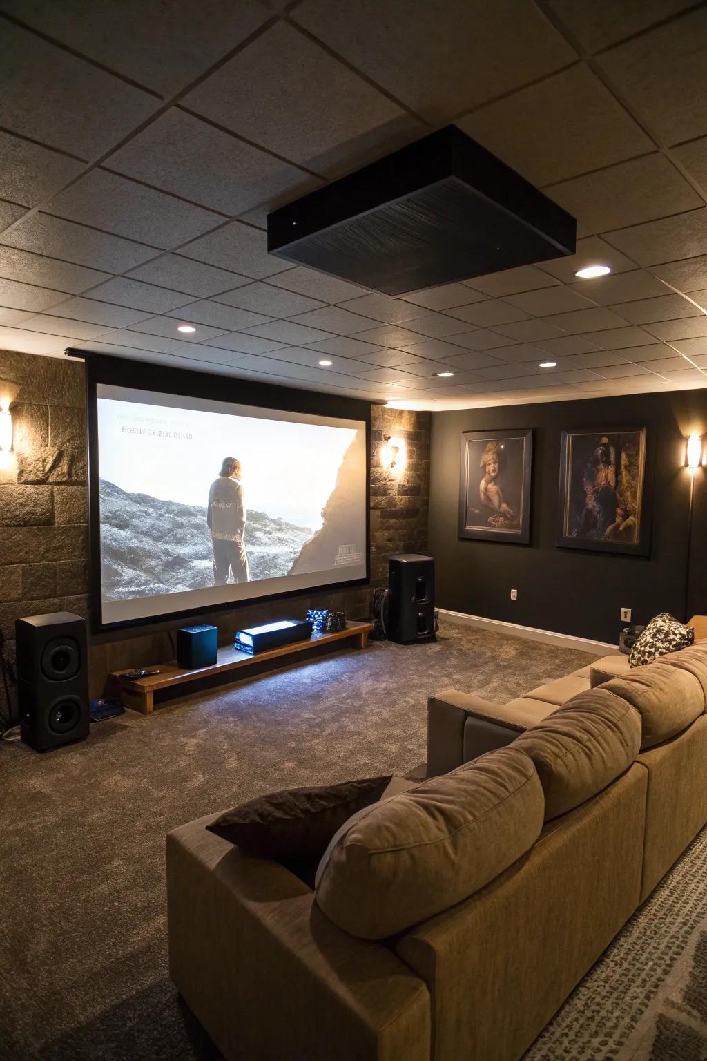 A basement setup with a large projector screen, perfect for immersive movie nights.