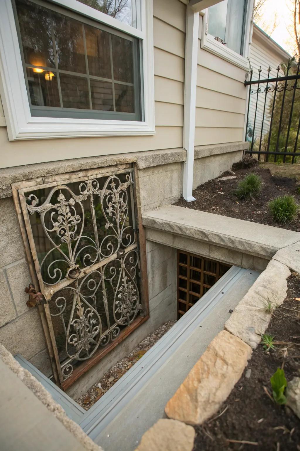 An ornate grate adds elegance and security to a window well.