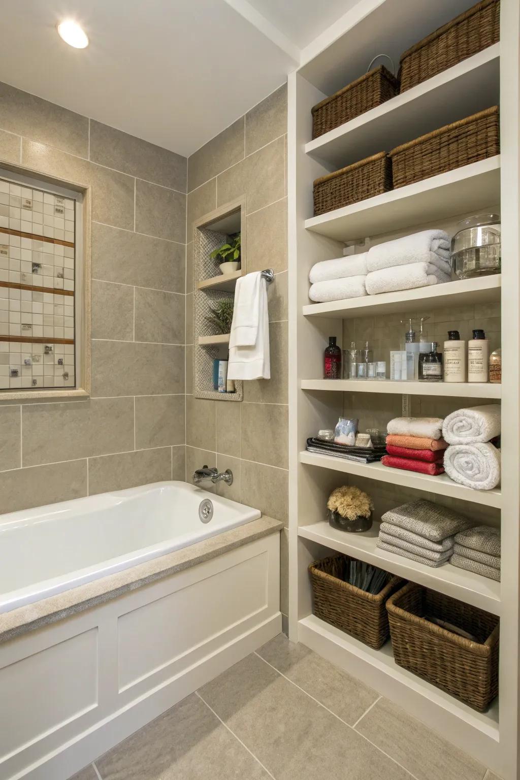 Built-in storage keeps this bathroom organized and clutter-free.