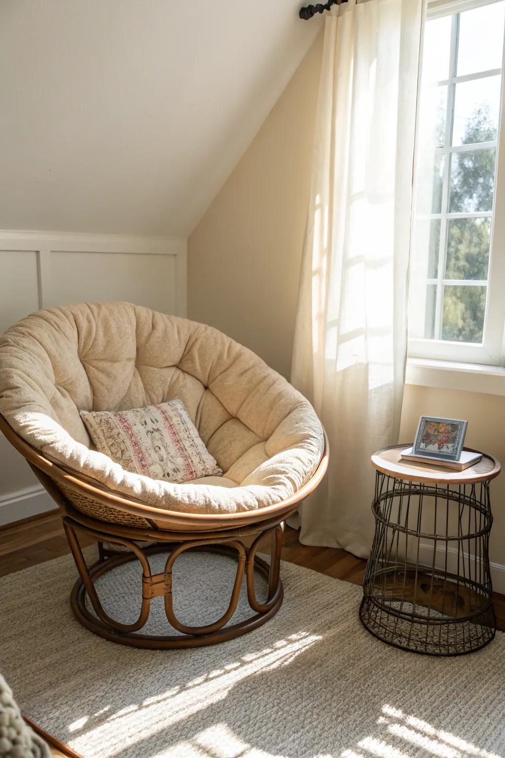 Papasan chairs provide a cozy and inviting seating option.