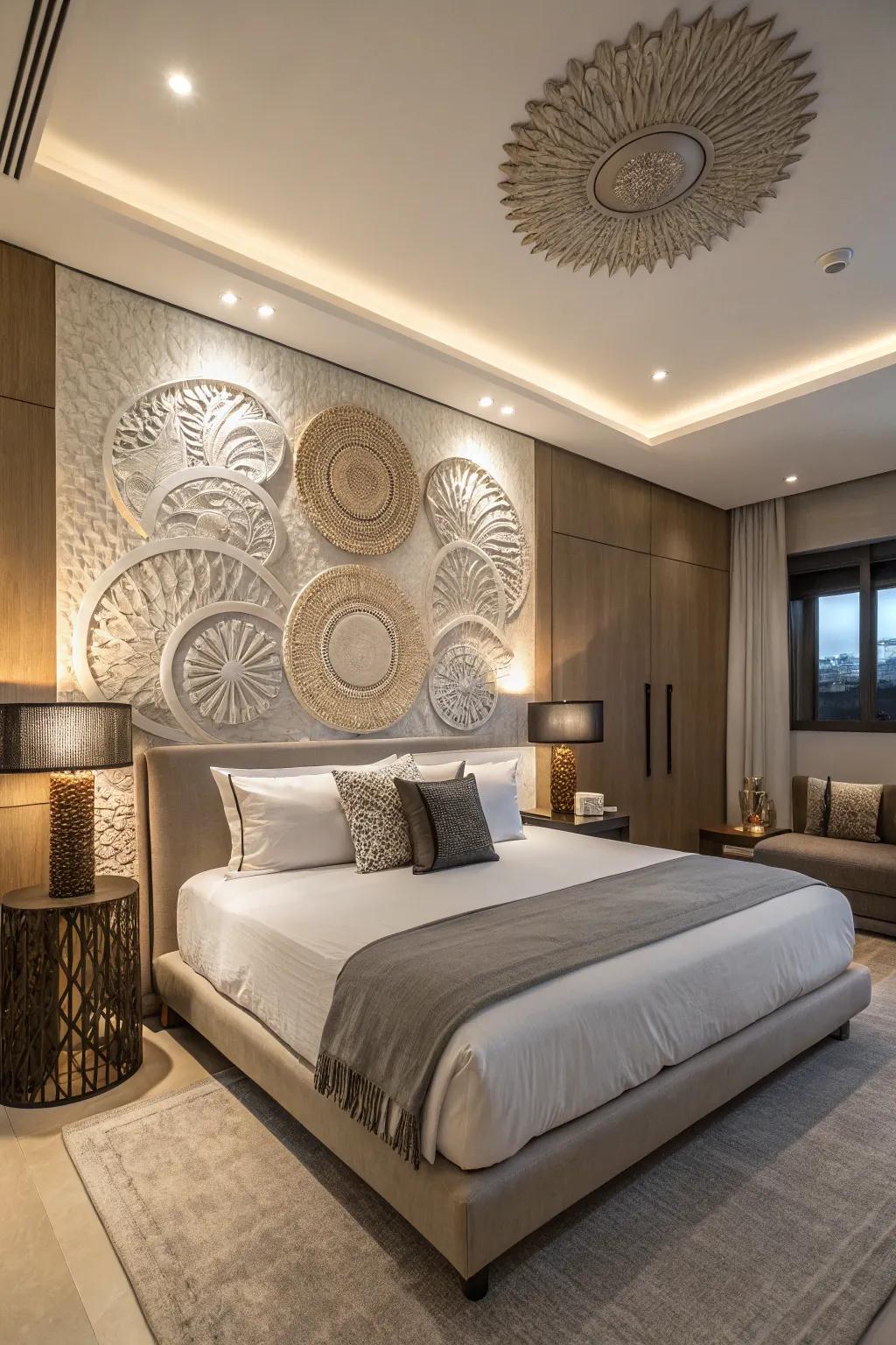 Your bedroom gains an artistic flair from wall sculptures.