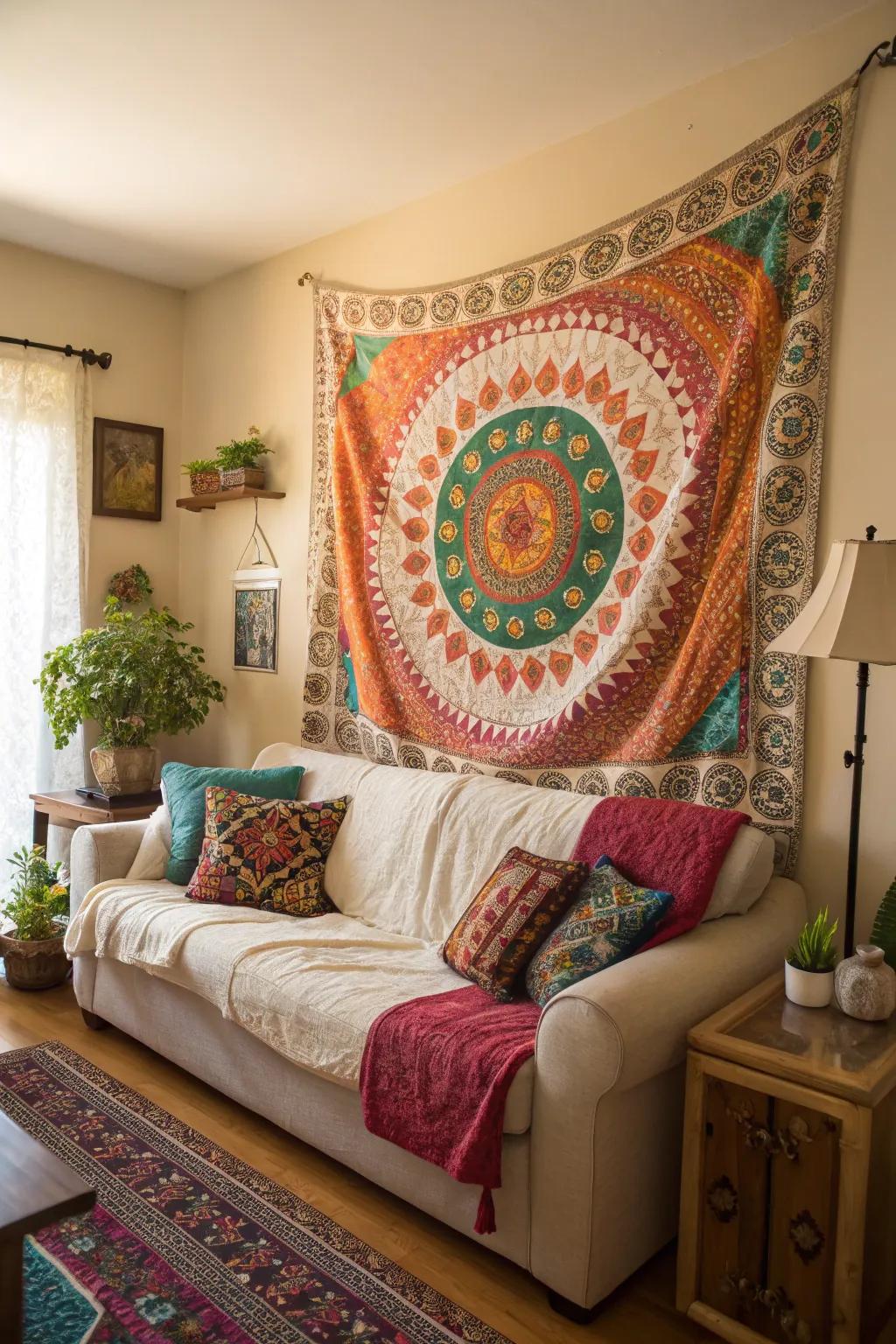 Tapestries add artistic flair and texture.