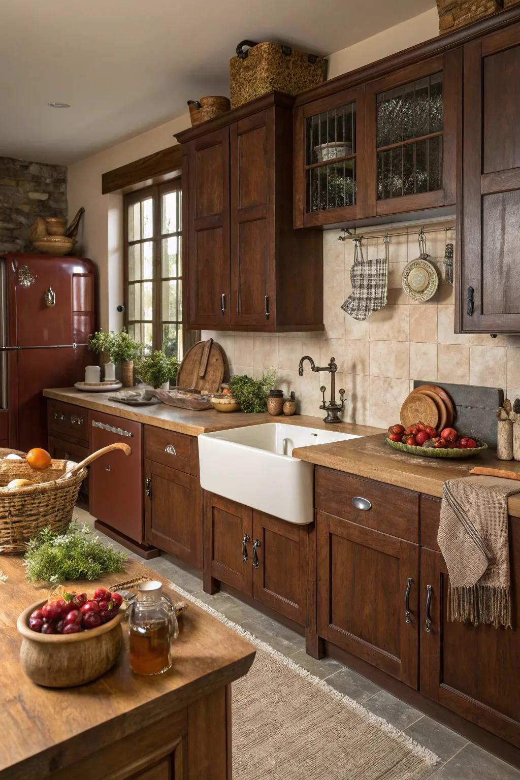 A warm and inviting kitchen featuring striking brown cabinetry.
